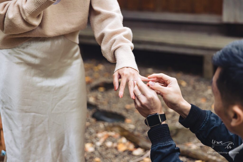 Surprise proposal engagement picture at John P. Humes Japanese Stroll Garden - Long island wedding photographer